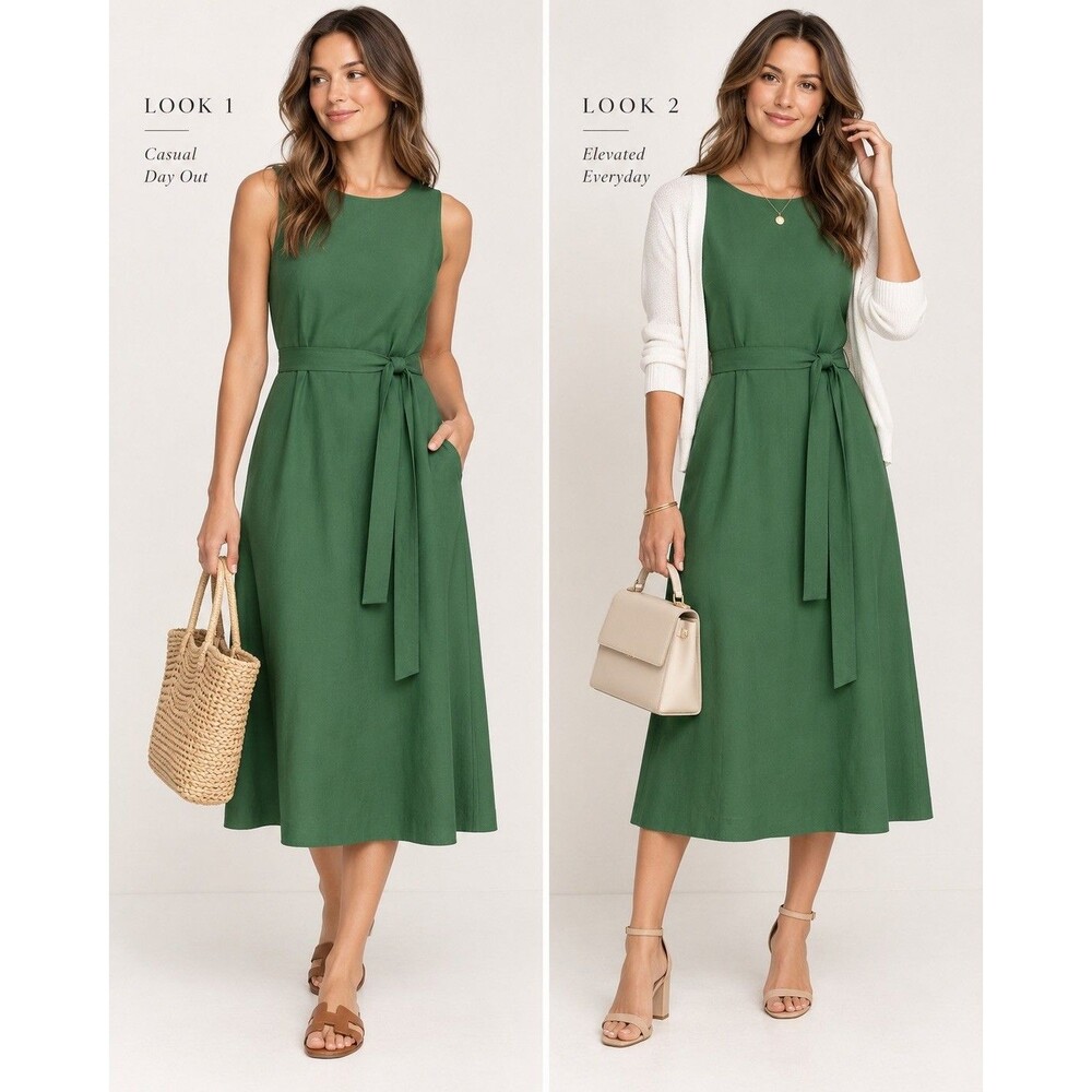 Grae Cove linen blend sleeveless A-line dress attached belt pockets Med